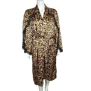 Victorias Secret Leopard Print Satin Kimono Robe Size XL Lace Trim Split Sleeve